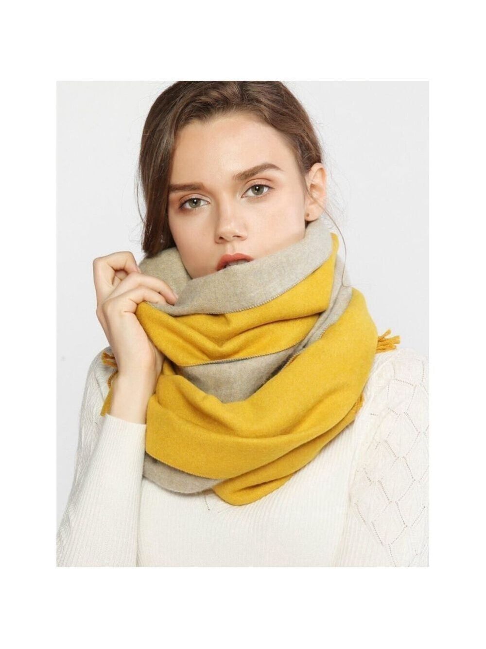 Osadia Cashmere-Like Wool Double Sided Two Color Scarf Yellow & Gray